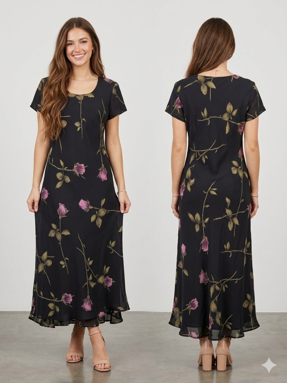 Jessica Howard Black Pink Rose Floral Short Sleeve Maxi Gown Dress Vintage
